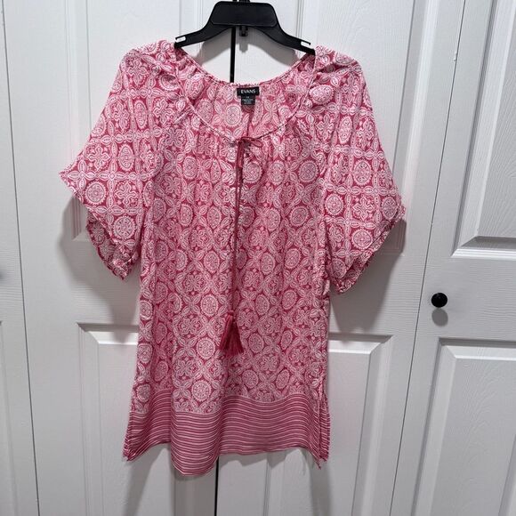 EVANS Women's Plus Size 14 Top Peasant pink geometric fabric tazos boho - Picture 4 of 14